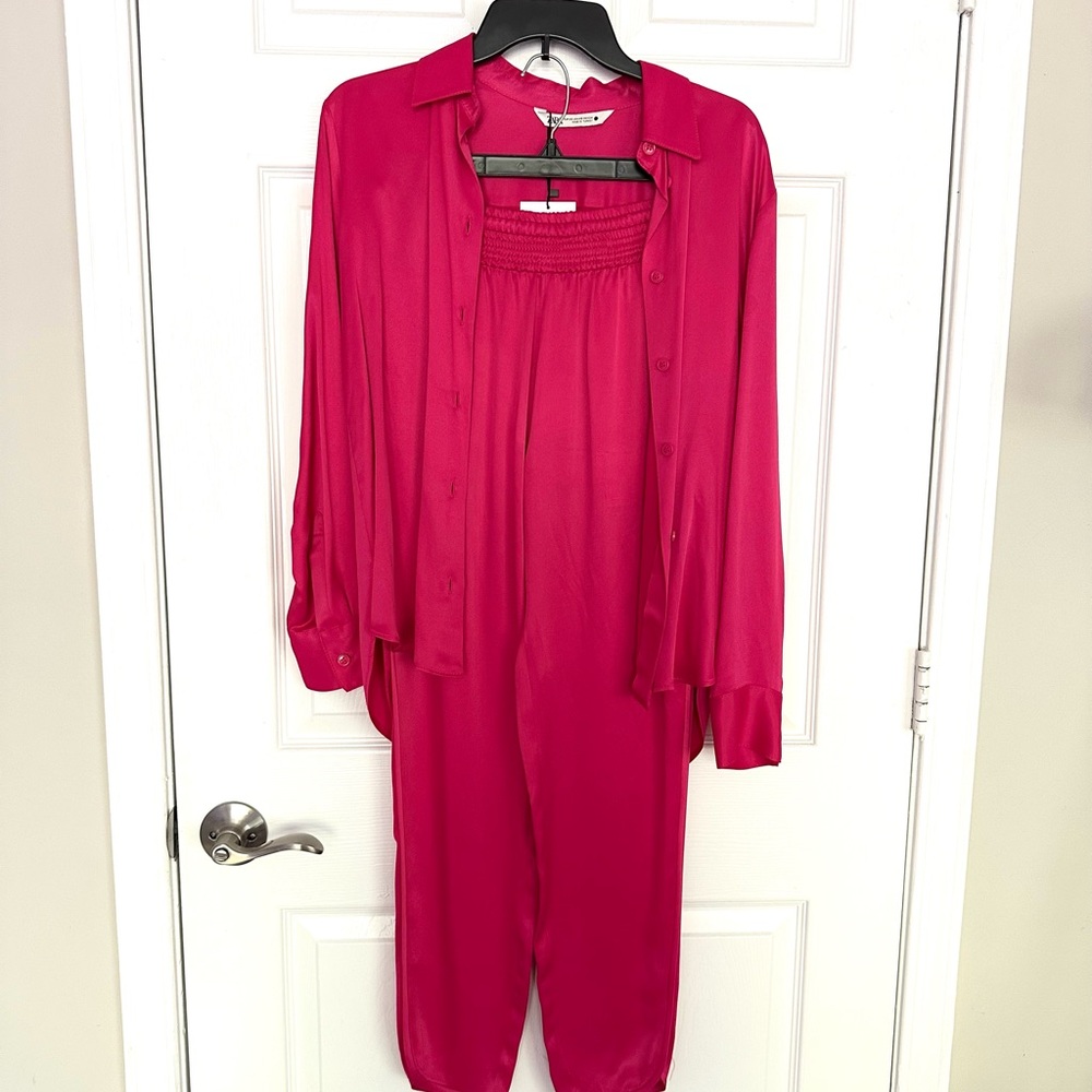 ZARA Vibrant Pink Button-Up Shirt and Pants Set